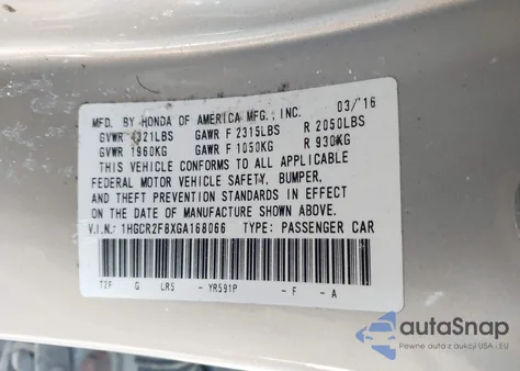 2016 Honda Accord Ex-L z USA, uszkodzony, nr VIN 1HGCR2F8XGA168066